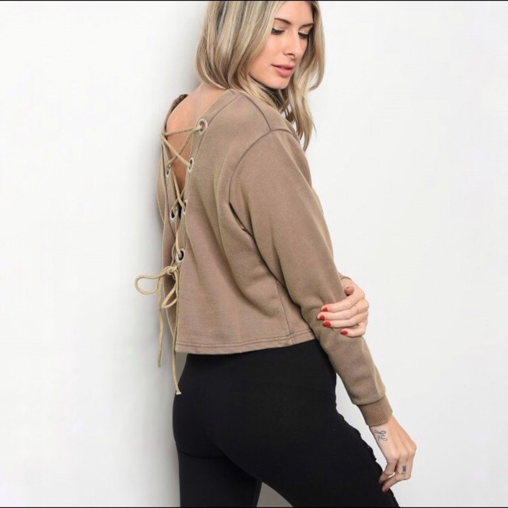 Taupe/Nude Lace Up Back Sweater